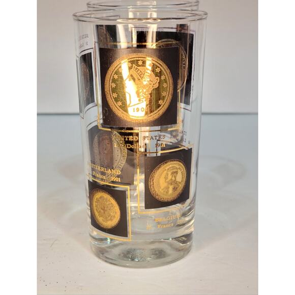 Vintage Gold & Black Square European Coin Hi Ball Cocktail Glasses Set/2 MCM - Picture 2 of 4